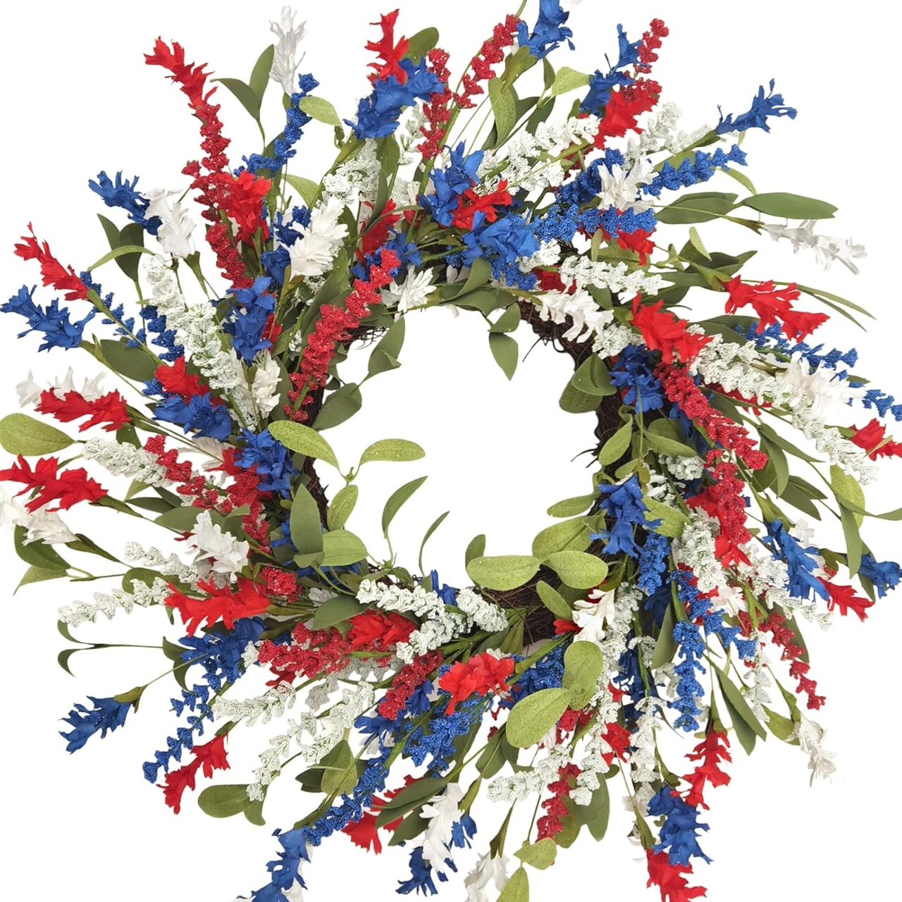 18-inch Patriotic Day Wreath for Front Door, Red, Blue, White Flowers Green Leaf Wreath for Indoors and Outdoors